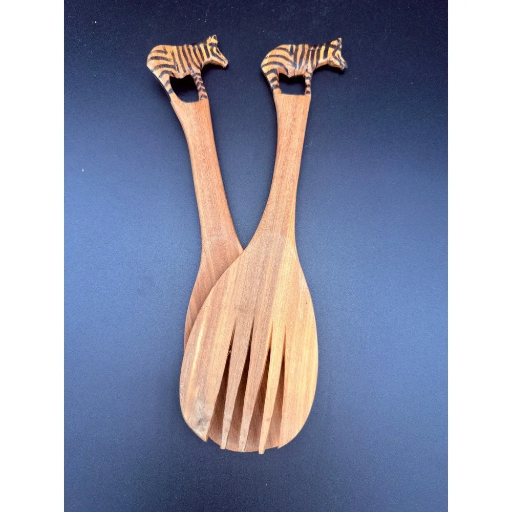 Hand Carved Wooden Zebra Salad Server Set 2 Piece Serving Spoon and Fork Animal